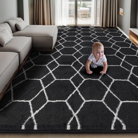 Super Soft Shaggy Area Rug, 6X9 Soft Plush Fluffy Rug for Bedroom Living Room, Modern Moroccan Geometric Carpet for Home Decor Aesthetic, Anti-Skid Carpet for Kids Room, Nursery, Black and White