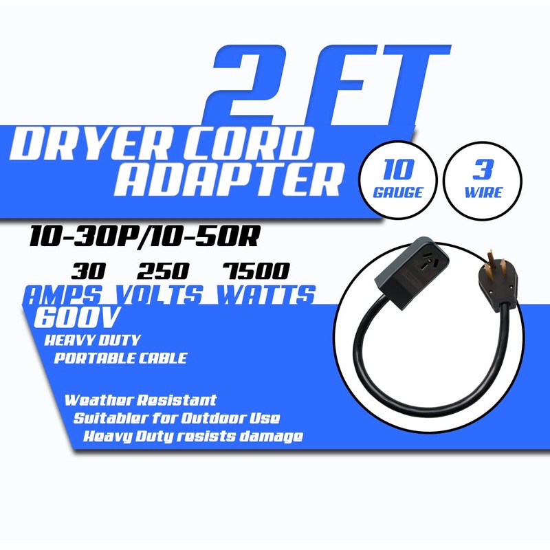 UL-807 Adapter Cord Dryer 3 Prong Plug 10-30P to 10-50R