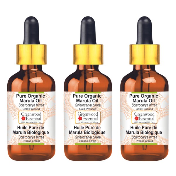 Greenwood Essential Pure Organic Marula Oil (Sclerocarya Birrea) with Glass Dropper Natural Therapeutic Quality Cold Pressed (Pack of Three) 100 ml x 3 (10 oz)