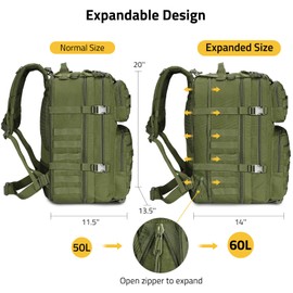 CVLIFE 60L-50L Large Tactical Backpack for Men, 900D Heavy Duty Bug out Bag, Expandable Molle Military Backpack, Army 3 Day Assault Pack Rucking Bag for Hunting, Hiking, Camping, Green