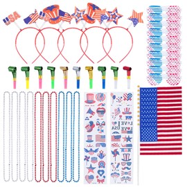 65-Piece 4th of July Party Supplies Set - Patriotic Headbands, Necklace, Shutter Shades, Flags, Tattoo Stickers