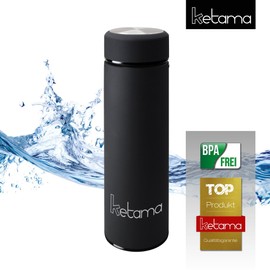 Black Thermal Bottle – Double-Walled with Tea Strainer 0.5 L (500 ml) Stainless Steel Rubberised – Rubber Coated Small & Handy Drinking Bottle Travel Insulated Jug Also for Babies and Children BPA