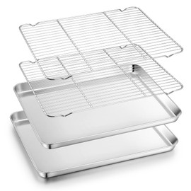 TeamFar Baking Sheet with Rack, 17.6 x 13 x 1 inch Stainless Steel Baking Pan Cookie Sheet Set with Cooling Rack for Baking/ Roasting/ Cooling, Non-Toxic & Heavy Duty, Dishwasher Safe - Set of 4