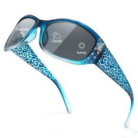 TJUTR Photochromic Polarised Sunglasses Womens with UV400 Protection Adaptive Lens and Rhinestone Decoration Wave Pattern Temple for Driving, Sports & Everyday Use