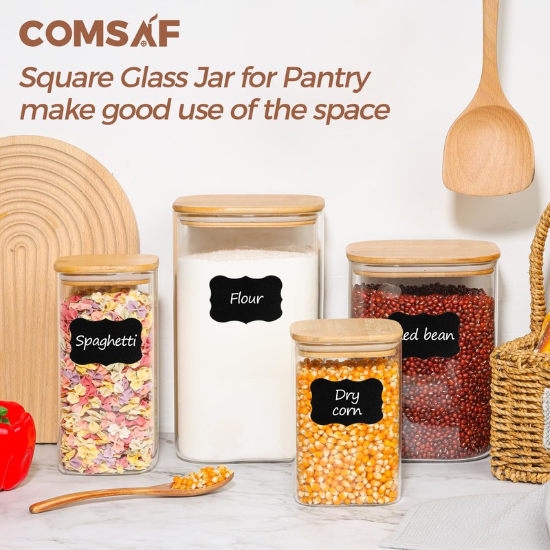 ComSaf Glass Pantry Storage Containers, 156/51 oz Large Square Flour