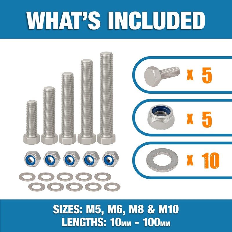 M5 x 20mm Hex Head Nuts and Bolts and Washers