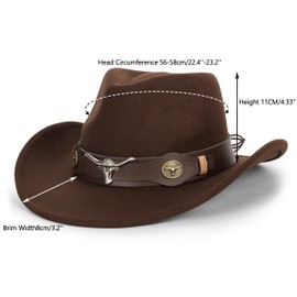 Classic-Western-Cowboy-Hat Wide-Brim Felt-Cowgirl-Fedora-Jazz-Hat for Women Men(Size:S-M)