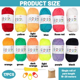 17 Stück Wolle Zum Häkeln Set, 12 Farben Dicke Wolle, Häkelgarn Baumwolle, Garn Zum Stricken, Inklusive Häkelnadel, Baumwollgarn und Drei Markierungsclips, Ideal Für Anfänger Und Amigurumi