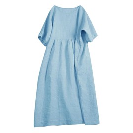 Minesam Linen Dress, Short Sleeve, Long Dress, Cotton, Linen, Mid-Calf Length, Natural, Adult, Cute, Body Cover, Summer, 01-B light blue