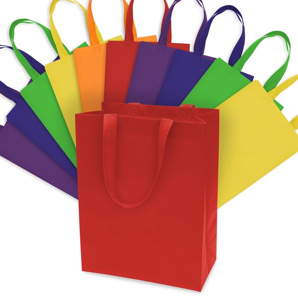 Gift Bags Large - 12 Pack Large Assorted Rainbow Color Reusable Tote Bags with Handles, Cute Fabric Bags for Kids Birthday Gifts & Goodies, Party Favors, Showers, Christmas & Holidays, Bulk - 16x6x12
