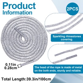 Pndeyo 2pcs Glitter String, Sparkly Crystal Hoodie Drawstring, Bling Round Rhinestones Rope Replacement for Hoodies Sweatpants Shorts Shoes Bags Accessories- Silver