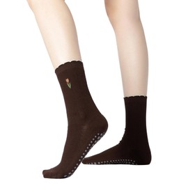 Yoga Pilates Socks with Non-Slip Grips Ruffle Trim Tulip Embroidered Cushioned Crew Socks for Barre Ballet Dance (One Size, Dark Coffee)