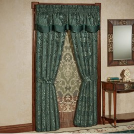 Touch of Class Camelot Luxury Window Treatment | Striking Emerald Green | Matte Satin Damask on Richly Textured Jacquard-Woven Chenille Drapery Set Includes Scalloped Valance and 84L Curtain Pair
