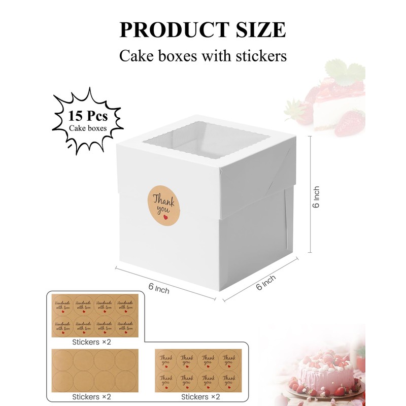 COTOPHER 15Pcs 6x6x6 Inches Mini Cake Boxes, Square Bakery Boxes