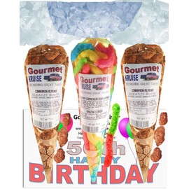 50th Happy Birthday Series Almonds Cinnamon Roasted And Sour Worms Gummy Gummi (NET WT 20 OZ) (Pack of 3) In 1 Box Gourmet Kruise Signature Gift Bags