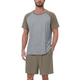 MLXSJ Mens Pajama Set Summer Pjs Sleepwear Lightweight Short Sleeve Pjs Soft Comfy Sleep Set With Pocket (Khaki-Light Gray, XL)