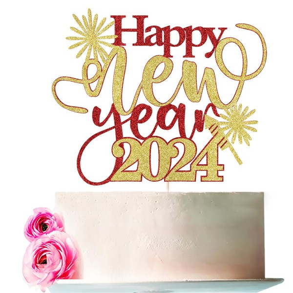 BejotaaHappy New Year 2024 - Decoración para tartas de Año Nuevo Feliz Año Nuevo 2024, suministros para fiestas de Feliz Año Nuevo 2024, decoración para fiestas de Año Nuevo (Feliz Año Nuevo dorado y rojo)