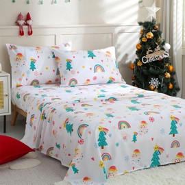 JSD Christmas Kids Sheet Set Twin Size, 3 Piece Stars Rainbow Tree Winter Microfiber Bed Sheets Deep Pocket