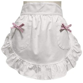 CRB Fashion Waist Apron Kitchen Cooking Restaurant 100% Cotton Bistro Half Aprons with Pockets For Girl Woman, White Pink, One Size