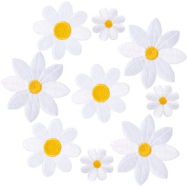 PAGOW 9 Pcs Flower Iron on Patches, Cute Daisy Flower Applique Patch, Sew On Embroidered Applique Sewing Patches for Bags, Jackets, Jeans, Clothes, White