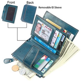 Lavemi - Cartera pequeña compacta para mujer, con bloqueo RFID, piel auténtica, con ventanas de identificación, Verde (Peacock Green), One Size, Retro