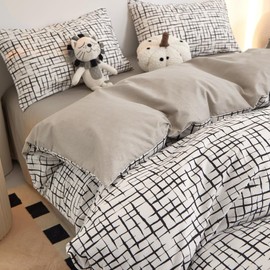 LIWHENHAO Plaid Duvet Cover Set Queen 100% Cotton Bedding Black and White Grid Checkered Print 1 Abstract Geometric Comforter Cover Full Zipper Closure 2 Pillowcases for Kids Girls Boys Woman