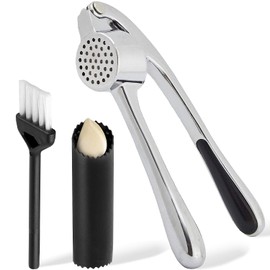 Premium Garlic Press Set - Stainless Steel Mincer Crusher Grater Tool with Silicone Peeler and Brush - Dishwasher Safe Metal Presser Grinder Smasher Masher Squeezer Shredder for Ginger, Butter, Herb
