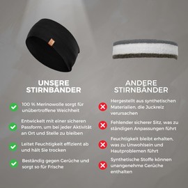 menique Merino Headbands for Men, Sporty Headband for Long Hair for Running, Fitness, Hiking, Sweatband, Unisex, Thin Headband with Wool Ear Warmers (Black)