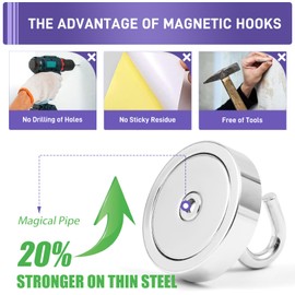 Neosmuk 100lb+ Extra Strong Magnet with Hook for Fridge,Heavy Duty Cruise Hook for Ceiling,Small Magnetic Holder for Van, Tool(Silver, Pack of 6)