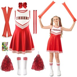 Cheerleader Costume Children, Cheerleading Outfit Girls, Cheer Uniform Outfit Dress, School Child Cheer Costume Outfit with Pompoms, Headpiece, Socks, Carnival Dress Up, Fancy Dress Party Costume