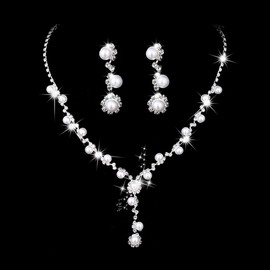 Yikisdy Silver Rhinetsone Necklace Jewelry Pearl Bride Wedding Jewelry Sets Prom Necklace and Earring Set for Women