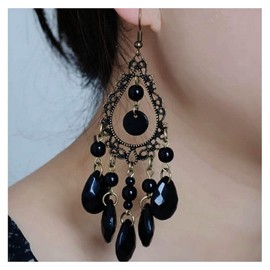 Inilbran Boho Ethnic Black Hollow Waterdrop Earrings Gypsy Teardrop Crystal Hook Earrings Tribal Black Gemstone Drop Earrings Vintage Onyx Dangle Drop Earrings Jewelry for Women and Girls