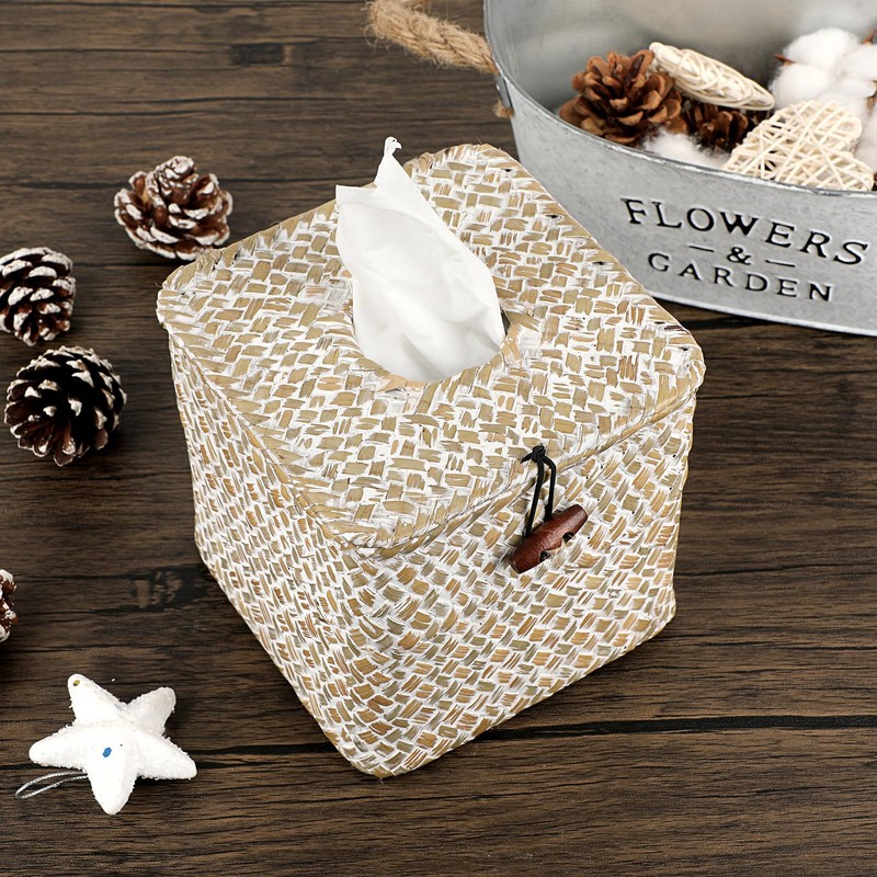 Sumnacon Tissue Box Cover Square Seagrass Tissue Box with Lid,