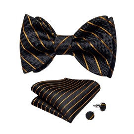 DiBanGu Black Gold Bow Ties for Men Silk Self Tied Bow Tie and Pocket Square Cufflinks Striped Bow Tie Set for Boys Wedding