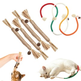 Catnip Toy Pack of 4 Catnip Stick Cat Toy with Catnip Cat Sticks Suitable for Dental Care for Cats Stress Relief with 2 Pieces Chew Ropes