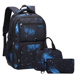 JiaYou Space Pattern Galaxy Backpack Boys Primary Junior Middle School Daypack Men High Middle School Laptop Bag(Star-Dark Blue,3Pcs Backpack Set)