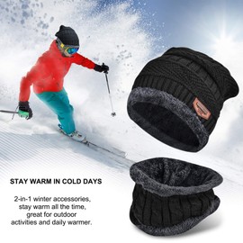 SZGIARUY 2 PCS Winter Beanie Hat Scarf Set Warm Knit Hat Thick Fleece Lined Winter Hat & Scarf for Men Women Skull Cap (Black)