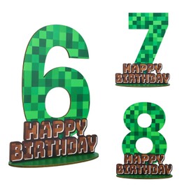 Pixel Birthday Number Sign Centerpiece, Green and Brown Wooden Table Decor with Base Creative Pixel Theme Party Birthday Party Decorations (Number 6)