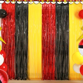 Cartoon Monster Birthday Party Decoration, 2 Pack Animation Themed Photo Booth Prop, Red Black Yellow Foil Fringe Curtains Tinsel Photo Streamers Backdrop for Cartoon Birthday Party Supplies