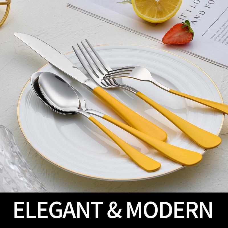 DINYWOW 20-Pieces yellow Silverware Sets for 4,Blue Handle Stainless Steel