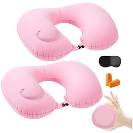 NARUTOO 2PCS Inflatable Travel Pillow, Adjustable Inflatable Neck Pillow, Portable Fast Inflatable Pillow U-Shaped with Sleep Mask,Earplug and Carry Bag, for Airplanes, Traveling (Pink)