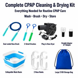 Complete CPAP Cleaning Kit with CPAP Hose Dryer, CPAP Dryer and Cleaning Supplies for 22 mm & 15 mm Tubing, CPAP Hose Cleaner Brush, Collapsible Wash Basin, and 2 Hooks (Ultra)