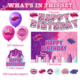 Pink Spider Web Birthday Party Supplies, Pink Spider Theme Party Decorations Including Birthday Banner, Backdrop, Balloons, Cupcake Toppers