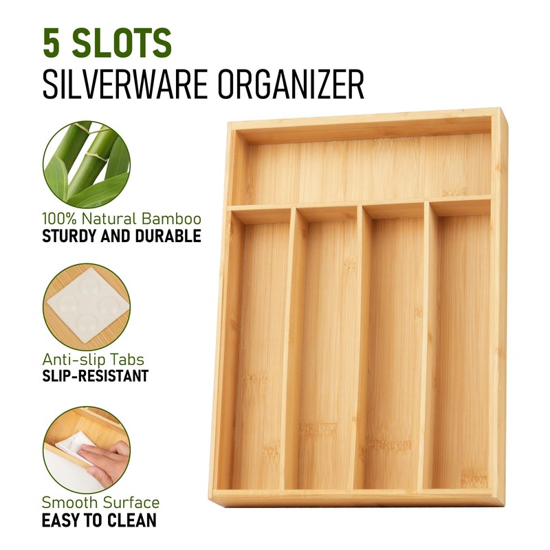 LotFancy Bamboo Kitchen Drawer Organizer, 9.5 Inch Silverware Tray for