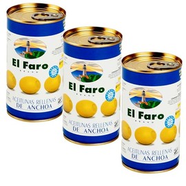 El Faro 3 x350g tins (150 grams drained/tin) Green Manzanilla Spanish Olives Filled With Hand Anchovy