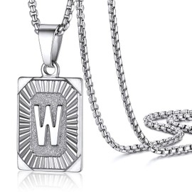 W Initial Chain for Men Women Square Pendant Box Chain Big Letter Necklace Stainless Steel Jewelry