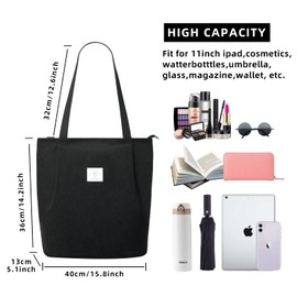 KALIDI Waterproof Corduroy Tote with Zipper Casual Hobo Cord Handbag Large Capacity Women Shoulder Shopping Bag for School Work College Daily Use,Black