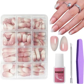 240Pcs False Nails Kit - Natural Gradient Pink Press on Nails Short Kit with Glue - Acrylic Oval Fake Nails Pink Tips, 12 Sizes Glossy Full Cover Stick on Nail for Women Girls Nails Art