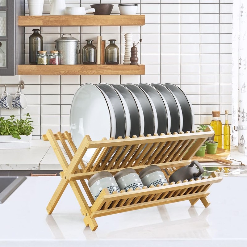 KKTONER Bamboo Dish Drying Rack 2 Tier Foldable Plate Organizer