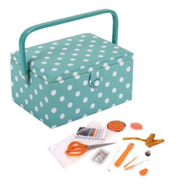 Hobby Gift Exclusive Pre-filled Sewing Box Craft Storage Box with 94 Pieces Sewing Kit Included, 18.5 x 25.5 x 14.5 cm, Duck Egg Blue Polka Dots